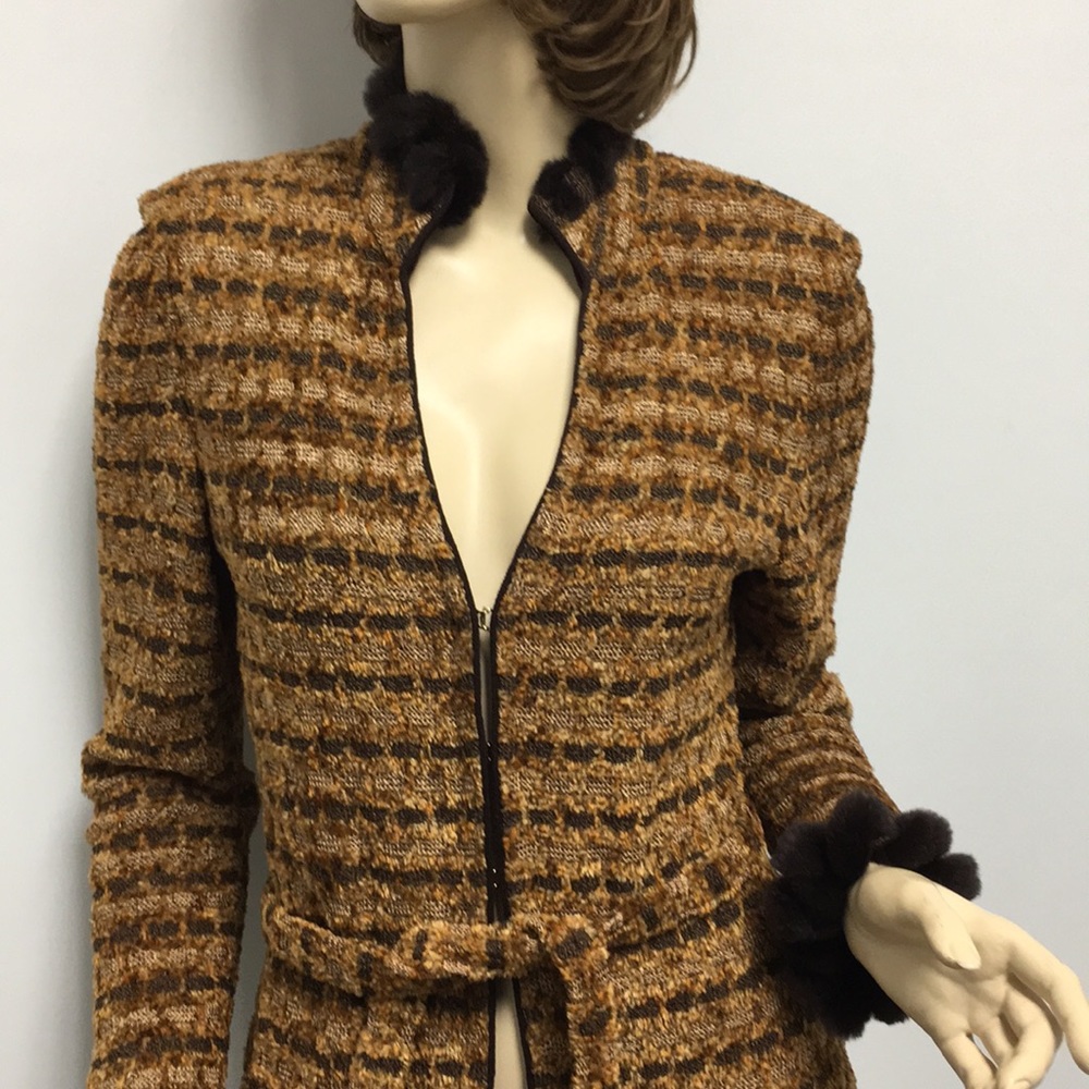 St. John knit coat fur trim brown multi size P